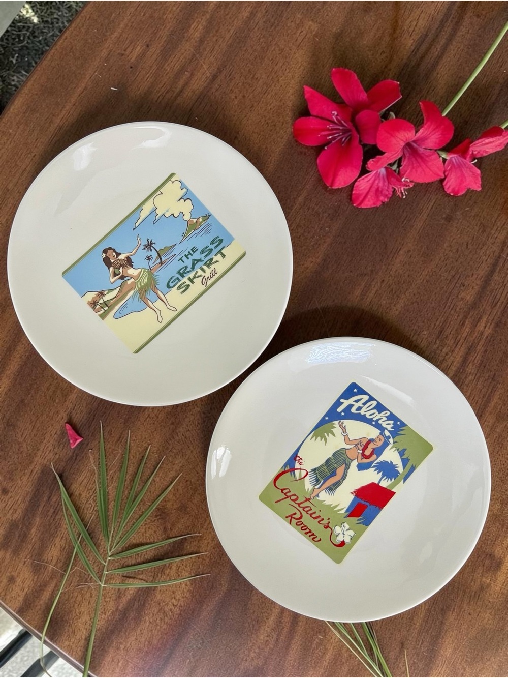 90s Y2K Pottery Barn Aloha Girls Salad / App Plates 8" Retro Tiki Bar Decor 2PC